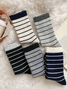 3 pares de calcetines gruesos y cálidos de lana con rayas para mujer, calcetines minimalistas de moda suaves hasta el tobillo, para otoño/invierno