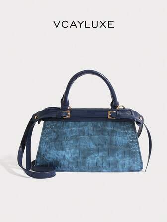 1pc Elegant Vintage Navy Blue Crocodile Embossed Handbag, Dual-Tone Trapezoid Small Square Bag For Commuting, Large Capacity Clutch With Tassel Strap Design, Versatile Shoulder Bag Suitable For Commuting, Dating, Shopping, Vacation, Beach, Music Festival, Party