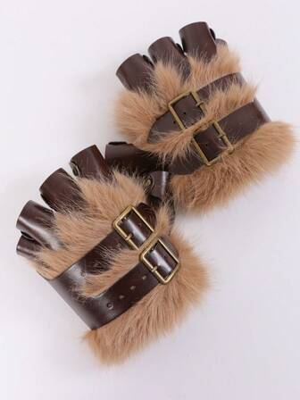 2 件中世纪维京 PU 皮革做旧风格露指手套维京骑士机甲手套护腕角色扮演配件万圣节服装道具