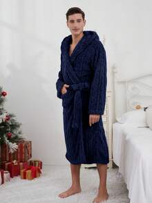 1pc Soft & Comfortable Jacquard Fleece Long Hooded Bath Cozy Robe With Pockets, Thick Double Layer, Unisex, Autumn/Winter, Fluffy - Navy Blue - View 4