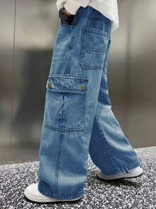Loose Straight Leg Washed Cargo Pants For Teenage Boys & Youth - Dark Wash - View 1