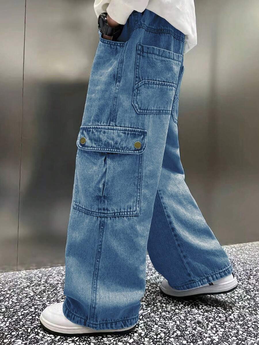 Loose Straight Leg Washed Cargo Pants For Teenage Boys & Youth - Dark Wash - View 1