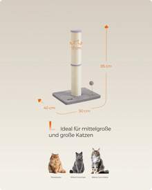 Kratzbaum, 85 cm hoch, Kratzsäule XL, 13 cm Dicker , Katzenbaum, Kratzstamm für mittelgroße und große Katzen, Sisalstamm, mit Plüschball und Glocke - Taubengrau - Übersicht 5