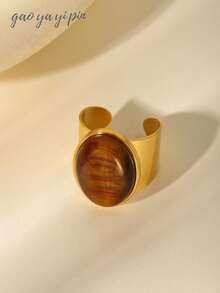 18K Gold Stainless Steel Natural Cat's Eye Stone Women's Ring, Available In Tiger Eye, Emerald, Rose Quartz And More Colors, Unisex Couple Design, Suitable For Daily Wear And Gifting