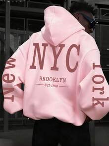 Men's Autumn/Winter Casual Hoodie With New York City Element Print, Thermal Lining, Long Sleeve Top - Pink - View 4