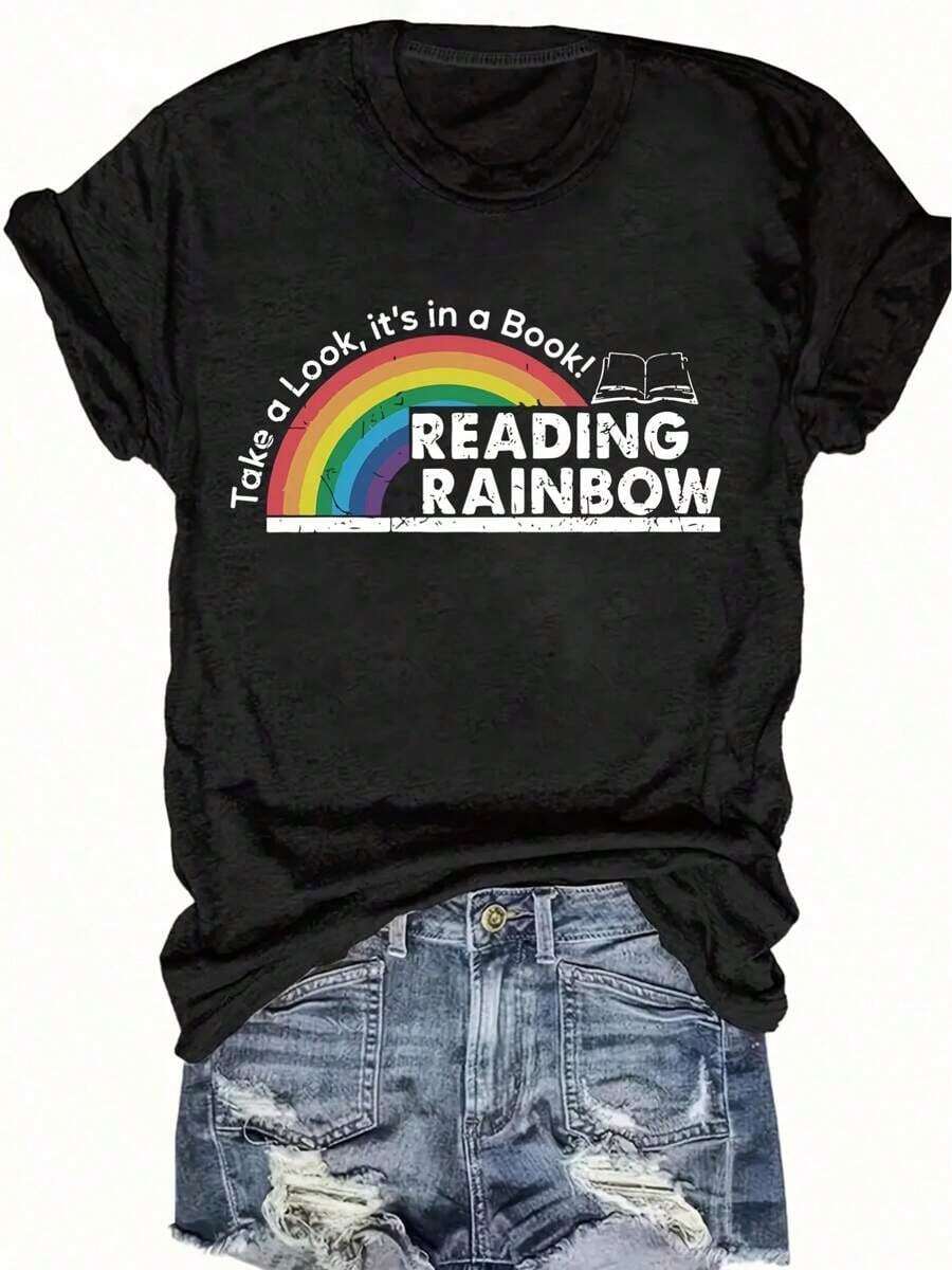 Women's T-Shirt Fitted Tops Print Y2K Crew Neck Tee-Plus Size - Women'S Red T-Shirt - Reading Rainbow Graphic Tee With Book Design - Casual Everyday Shirt For Teachers, Book Lovers - Valentine'S Day & Back To Outfits - Soft Everyday Top, Teacher Apparel, Playful Design, Comfortable Fit-Summer Festival Fashion, Adult Heavyweight T-Shirt - Black - View 1