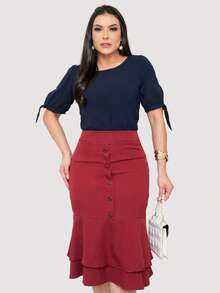 SAIA FEMININA ALFAIATARIA JUSTA SOCIAL EXECUTIVA MODERNA ATUAL BOTÕES NA FRENTE E BABADO NA BARRA MODA EVANGELICA - bordô - Visão 3