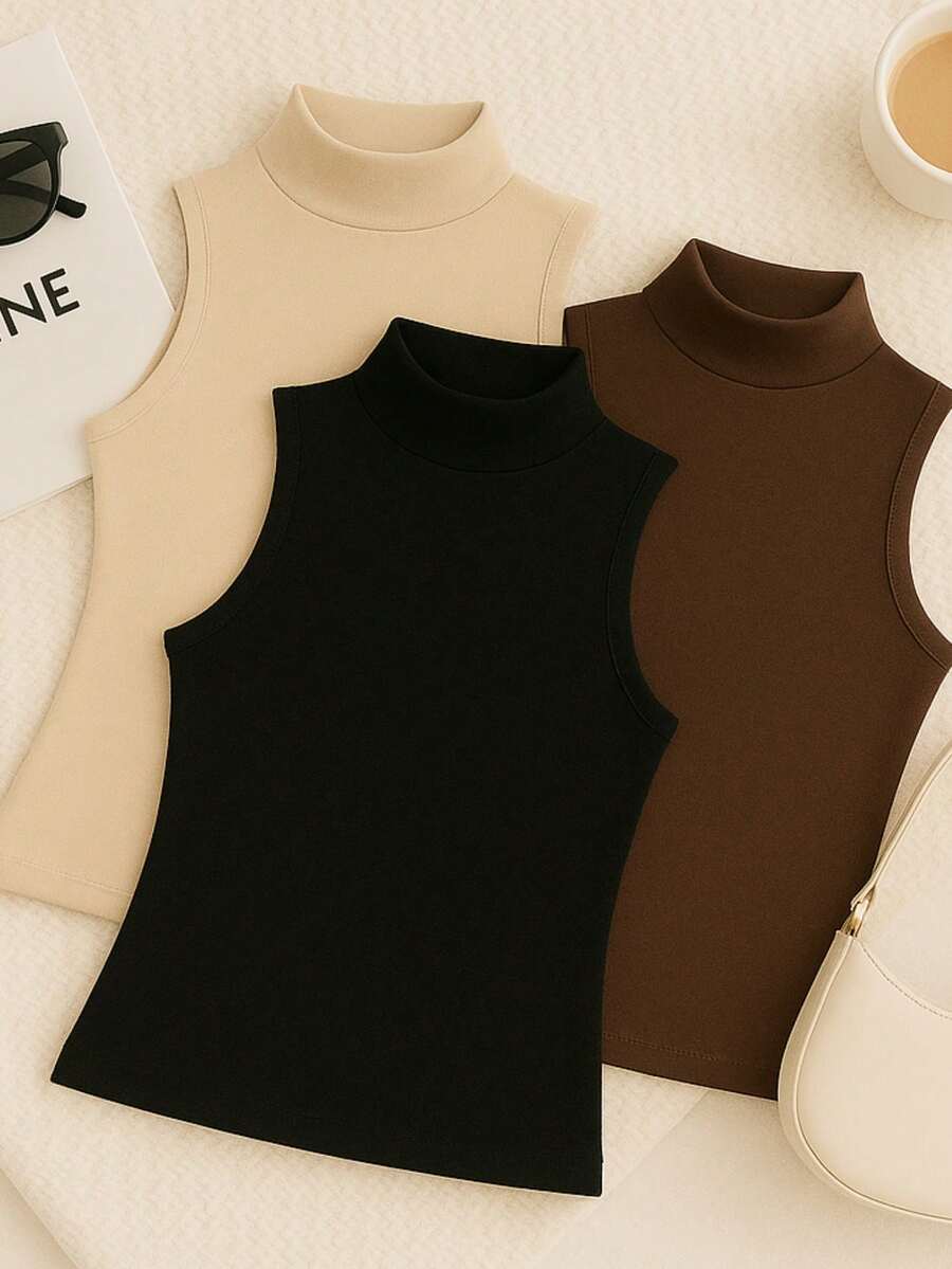 Kit With 3 Basic, Comfortable, Stylish, High-Necked Suplex Tank Tops - Đen/Nâu/Be - Xem 1