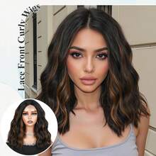 4*1 Lace Front Deep Wave Wigs Short Highlight Brown Curly Wave Wig For Women Synthetic Fiber 16 Inch Mix Brown Wavy Wigs Natural Looking Water Wave Synthetic Wig Middle Part Body Wave Wig Curly Hair Wigs For Daily Life Use
