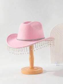 1 Stück Damen Mode Filzhut, dekoriert mit Kristall Strass Kette Gürtel, geeignet für Bankette, Jazz-Partys, Hochzeiten, Western-Themen-Partys, Unisex