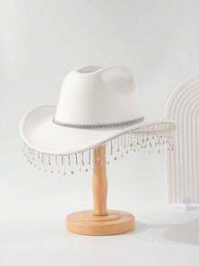 1 Stück Damen Mode Filzhut, dekoriert mit Kristall Strass Kette Gürtel, geeignet für Bankette, Jazz-Partys, Hochzeiten, Western-Themen-Partys, Unisex