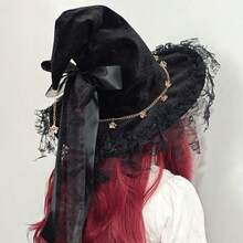 1 X Black Halloween Handmade Lace Witch Hat With Bandage Bow - Gothic Lolita Style Halloween Party Cosplay Accessories