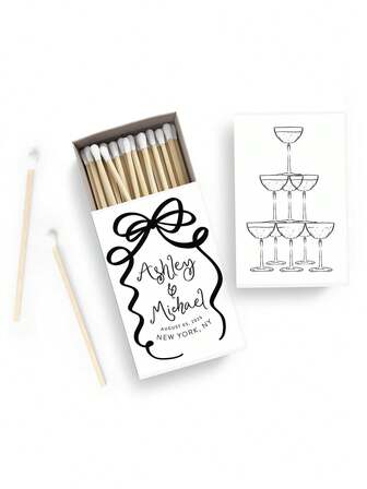 Personliga tändsticksklistermärken, bröllopsaccessoarer, klistermärken med band och rosett för bröllopständstickor, handritade champagne och rosetter, klistermärken med champagnetorn, klistermärken med personliga tändstickor, klistermärken med tändstickshäften för cigarrbarer