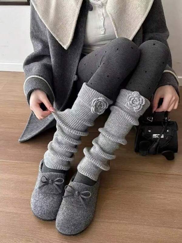 1 paire de jambières épaisses et chaudes avec garniture de dentelle vintage grise pour femmes, automne/hiver