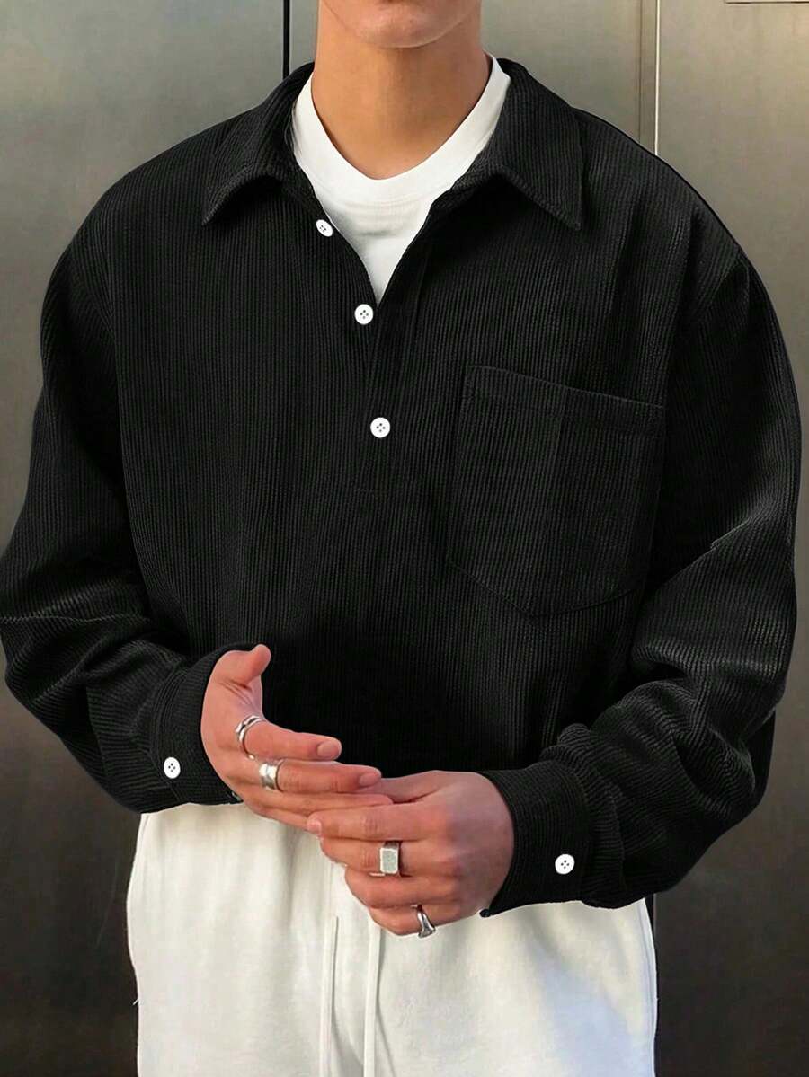 男士灯芯绒领长袖 Polo 衫，休闲宽松纯色套头衫，适合春秋冬季穿着。 - 黑色 - 查看 1