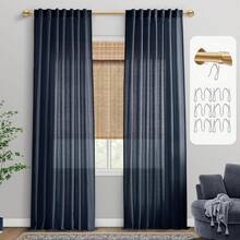 Coquette White Linen Bedroom Sheer Curtains 108 Inches Long, Back Tab Pleated Long Curtains, Elegant Modern Long White Curtains Living Room, 9 FT - Navy Blue - 查看 7