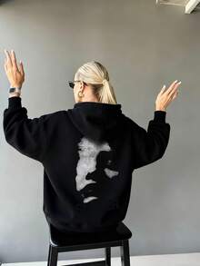 Sudadera con capucha de ajuste holgado con estampado gráfico y forro térmico para mujer, de moda y de manga larga, para invierno