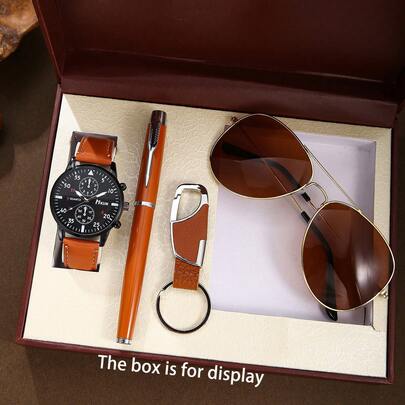 4-Piece Men's Gift Set: Brown PU Strap Chronograph Watch + Orange Ballpoint Pen + Leather Keychain + Gold Aviator Sunglasses With Brown Lenses, Fashionable Casual And Business Outfit, Perfect Birthday/Anniversary/Christmas Gift