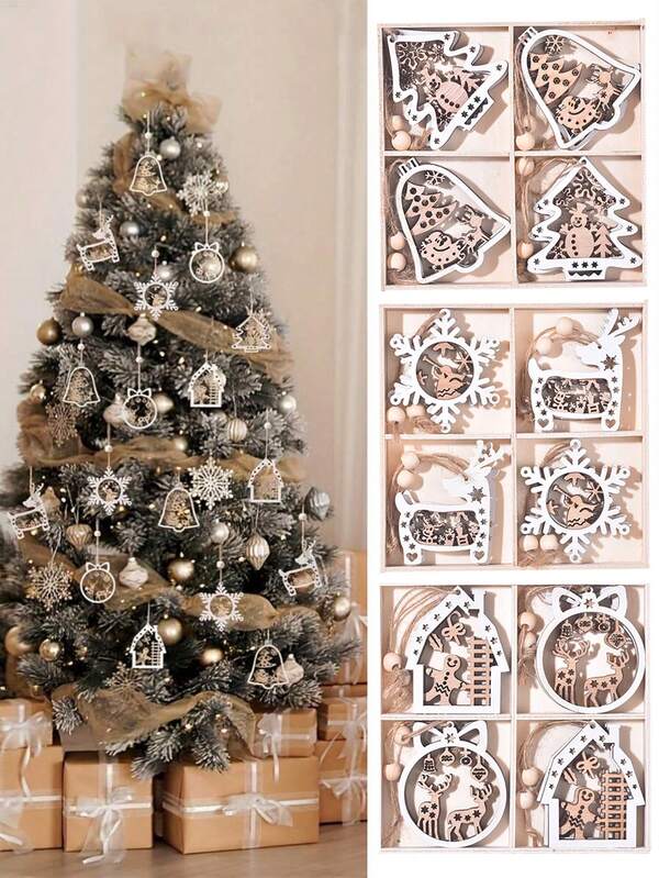 8/1 pieza Adorno colgante de Navidad, Adorno colgante de árbol de Navidad de madera, Etiqueta de regalo, Suministros de decoración de fiesta de Navidad con diseños de árbol de Navidad, campana, reno, copo de nieve, hombre de jengibre, Suministros de decoración de habitación navideña, Suministros de fiesta y festival