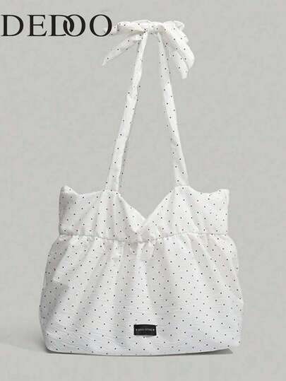 Korean Style Dot Pattern Canvas Tote Bag, Large Capacity Foldable Shoulder Bag For School/University, Suitable For Students, Wrinkle Ruffle Cloud Tie Strap Design