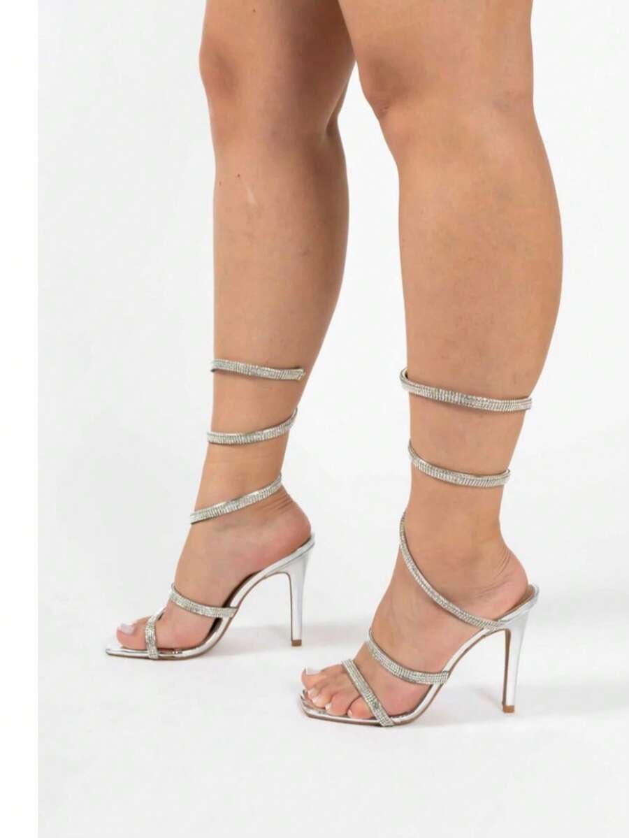 Women's Spiral Sandal With Rhinestones, Thin Heel And Shine - Silver - View 1