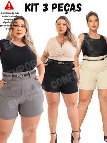 3-Piece Plus Size Tailored Shorts Kit With Belt Summer 2025 Fashion - ĐEN BEIGE XÁM - Xem 1