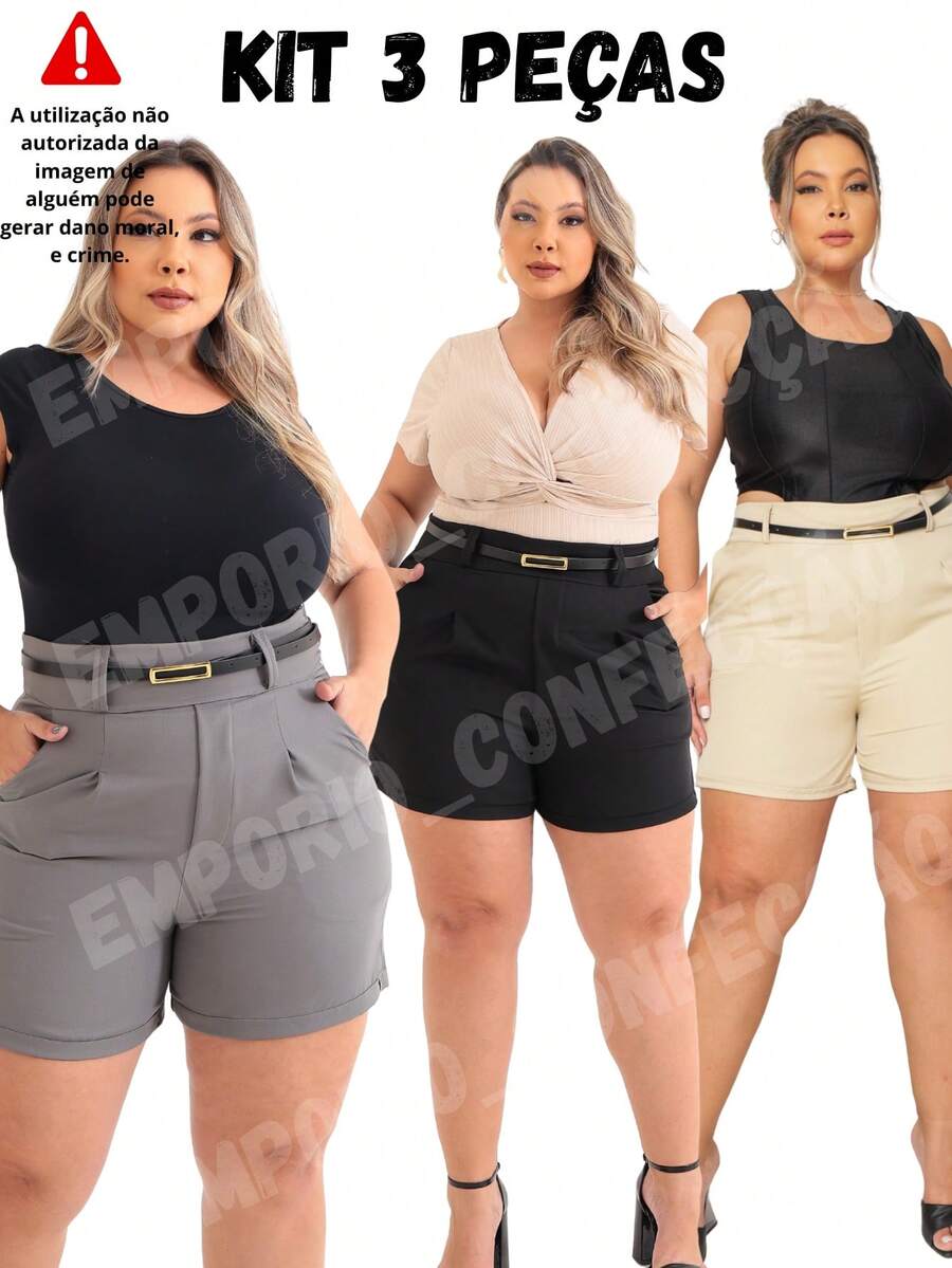 3-Piece Plus Size Tailored Shorts Kit With Belt Summer 2025 Fashion - ĐEN BEIGE XÁM - Xem 1