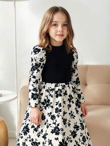 Girls' Long Sleeve Floral Print Dress, Black & Beige Color Block Elegant Design With Pleated Skirt, Party Dress For Autumn/Winter