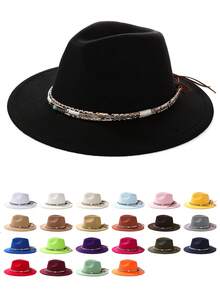 1pc Bohemian Style Faux Leather Decor Felt Fedora Hat, Soft Brim, Unisex Fashion For Work And Commute, Suitable For Autumn And Winter