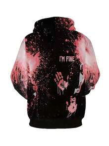 男款「I'm Fine」圖案白色連帽衫，紅色血跡噴濺設計 - 3D印花，休閒街頭風套頭衫，附口袋，春秋長袖，輕盈透氣，寬鬆版型，適合男友、戶外運動與旅行。100%聚酯纖維面料，輕盈透氣 - 彩色 - 查看 2