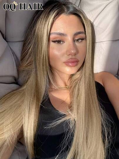 OQ Hair Wear And Go 15,5 cm x 10,5 cm peruk med spetsförslutning, ombre grå-guld till bruna rötter, rakt äkta hår, 180 % densitet, 50–61 cm, förklippt och förplockat, osynlig spets, andningsbar spets, inget lim, naturligt utseende, snabb leverans, present, helgdag, bröllop, halloween, reseessentiellt, år 2000-stil, semester, kvinnor