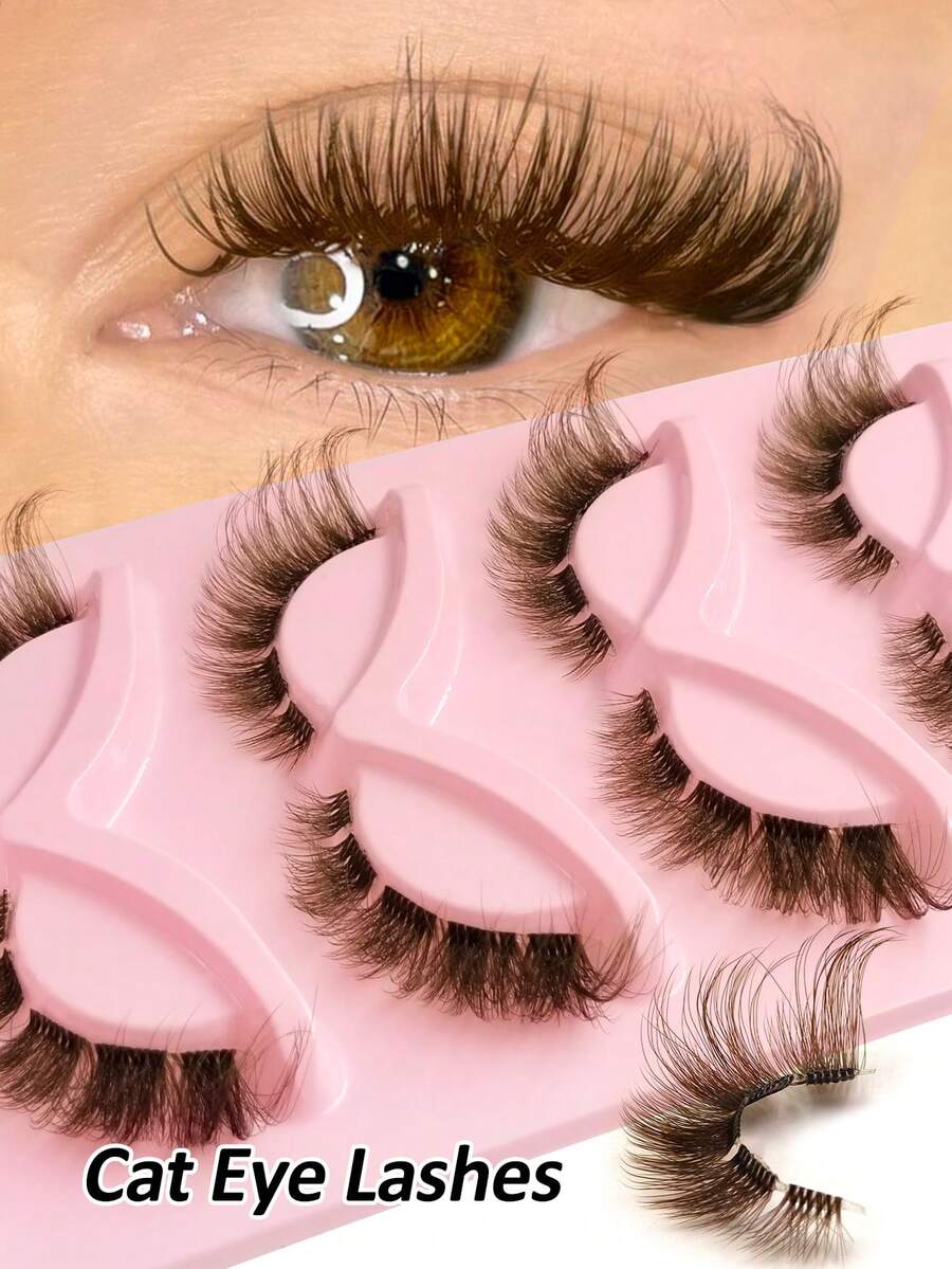 Rikuaild 5 Pairs DIY Brown Color Cat Eye Eyelashes Clear Band Natural Invisibility Fox Eye Lashes Brown False Eyelashes Faux Mink Lashes Cross Fluffy Full Strip False Lashes Reusable Natural Look Lash Extension Makeup - 眼尾拉長款 - 查看 1