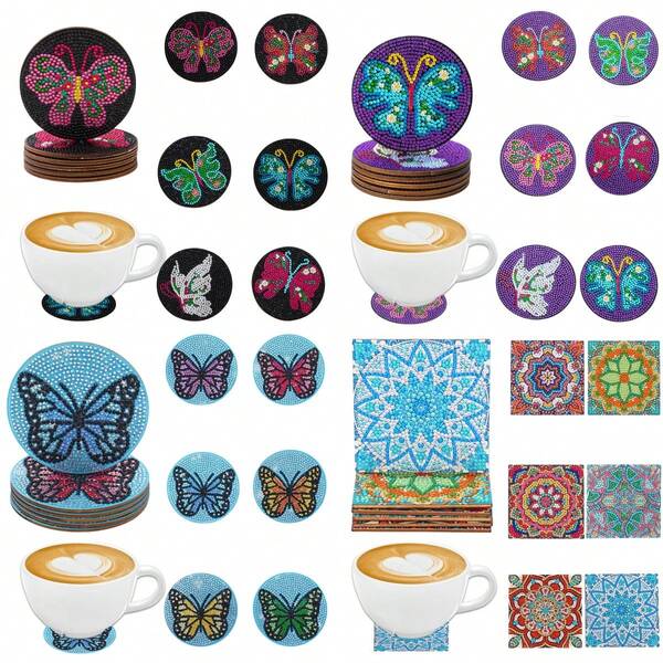 6pcs/Set DIY Diamond Painting Art Kit, Mandala & Butterfly Pattern Wooden Non-Slip Coasters, Suitable For Home, Bedroom, Living Room, Office Decor