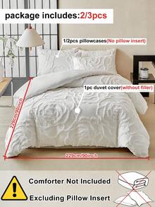 2/3 件白色玫瑰花朵图案簇绒涤纶羽绒被套，波西米亚风现代奢华大号床上用品套装，适合所有季节（1 个羽绒被套 + 1/2 个枕套），柔软透气，无填充物