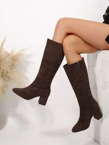 咖啡色宽松直筒靴，侧拉链设计，绒面革材质，粗跟，时尚靴子，舒适透气，优雅百搭，女士过膝长靴，秋冬季，高跟鞋 - 咖啡棕 - 查看 4