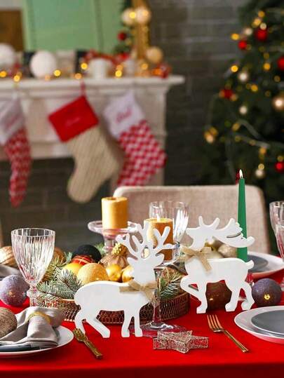 2 estátuas de rena luxuosamente decoradas - decorações de mesa com tema de animais em madeira artificial, adequadas para prateleiras de Natal, armários, expositores domésticos - decoração rústica de Natal, multiuso, sem texto