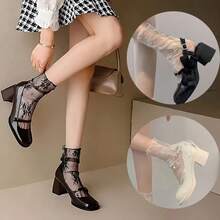 1 Pair Lace Mesh Women Knee High Socks, Breathable, Lightweight, Gauze Embroidery Flower Print Design