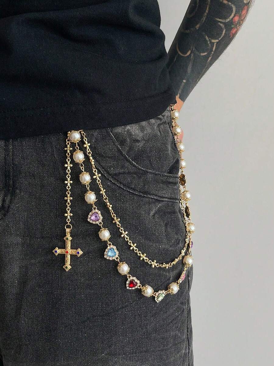 1pc Vintage Luxurious Multi-Color Rhinestone Cross Pants Chain, Men's Hip Hop Charm Body Chain, Used For Pants Decoration - Vàng - Xem 1
