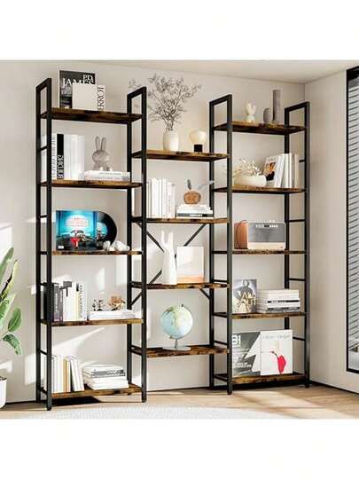 5 Tier Bookshelf Industrial Large Bookcase Display Shelves Wide Book Shelf Rustic Brown Adjustable Open Storage Modern Bookcase Sturdy Durable Metal Frame 75 Lbs Capacity X-Shaped Crossbars Anti-Tilt Brackets Easy Assembly Home Office Living Room