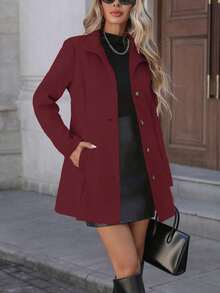 Women Stylish Stand Collar Long Sleeve Overcoat With Button Details And Thigh Length Fit In Woven Fabric,Christmas