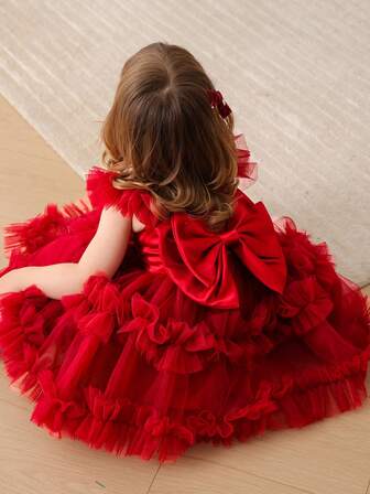 Baby Girls' Cap Sleeve Bow Tulle Burgundy Holiday Party Elegant Cute Princess Dress, Suitable For Baby Girl's 1st Birthday Gift, Banquet, Evening Party, Important Occasions, Festival Celebration