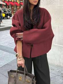 Veste décontractée pour femmes, couleur unie, polyvalente pour le port quotidien, automne/hiver - Rose vif - Voir 6