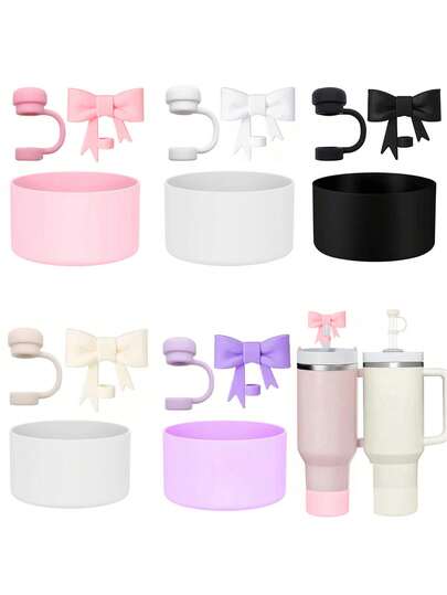 3pcs Accessories For 30-40 Oz Cups, 1pc Reusable 10mm Silicone Bow Straws Cover Cap, 1pc Silicone Straw Toppers Compatible With Stanley Cup Spill Leak Stopper Splash Dust Proof Straws Cover Cap, 1pc Cup Silicone Boot Anti Slip Scratch Resistant Protective Bottom Sleeve Cover, Cup Accessories, Holiday Party Gifts
