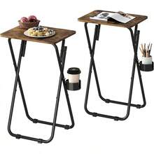 Juego de 2 Mesa Plegable Pequeño, Bandejas de TV Plegable Portátil, Mesa Auxiliar Plegable Servicio para Sala, Cama, Sofá, Mesa de Bandeja de Cena de TV Plegable con Soporte para Tazas - Marrón - Ver 3