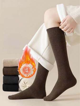 4 pares de calcetines de pantorrilla acanalados para mujer, simples y de moda, cálidos y con forro térmico grueso