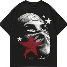 Men's Funny T-Shirt With Star Face Bandana Mask Print Graphic, Mysterious Celebrity Graphic Casual Streetwear Clothes - 黑色 - 查看 1