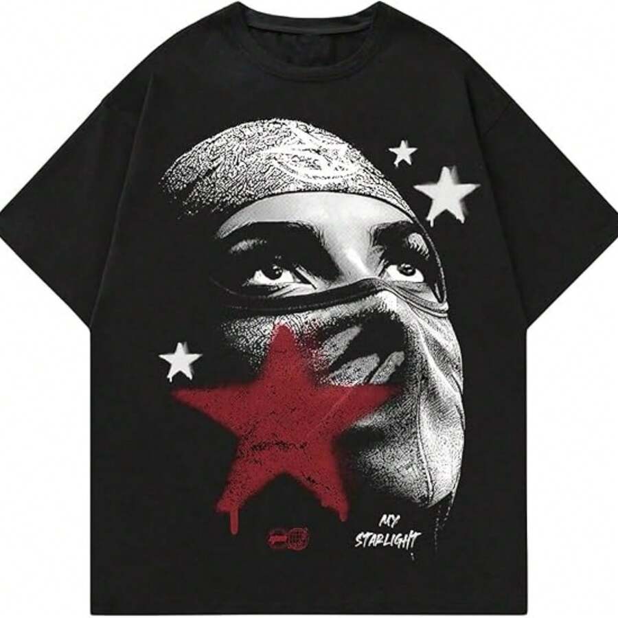 Men's Funny T-Shirt With Star Face Bandana Mask Print Graphic, Mysterious Celebrity Graphic Casual Streetwear Clothes - 黑色 - 查看 1