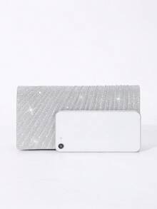 Sequin Envelope Handbag, Women's Evening Clutch, Women's Daily Clutch, Shiny Metal Chain Crossbody Bag For Wedding Party, Silver & Black - Silver - View 11