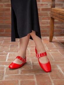 Women's Doll Shoes With Square Toe Eyelets - 紅色 - 查看 2