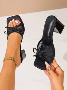 Black Lace Mesh Open Toe High Heel Sandals, Versatile Minimalist Chunky Heel Sandals For Women, Summer - Black - View 1